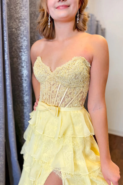 A Line Yellow Sweetheart Daffodil Chiffon Prom Dresses
