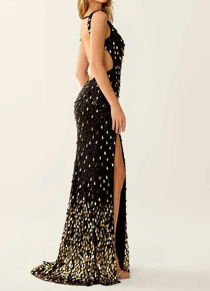 Solid Black Sparkly V-neck High Slit Mermaid Long Dresses