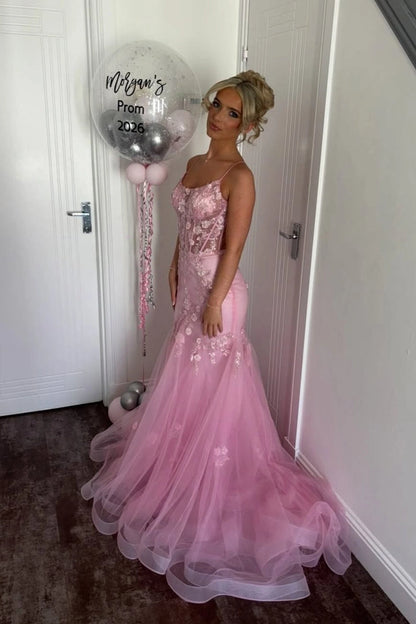 Scoop Neck Pink Tulle Mermaid Long Prom Dresses