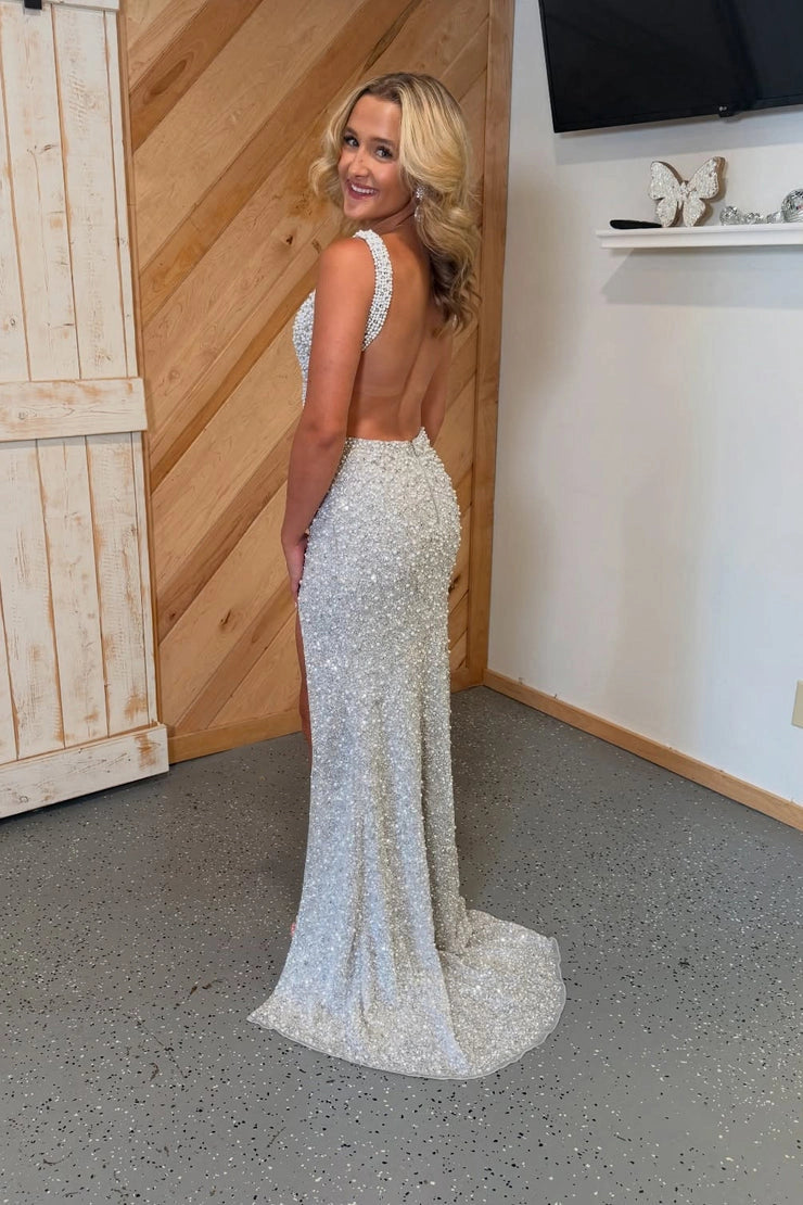 V Neck Silver Sequins Long Mermaid Prom Dresses with Beading