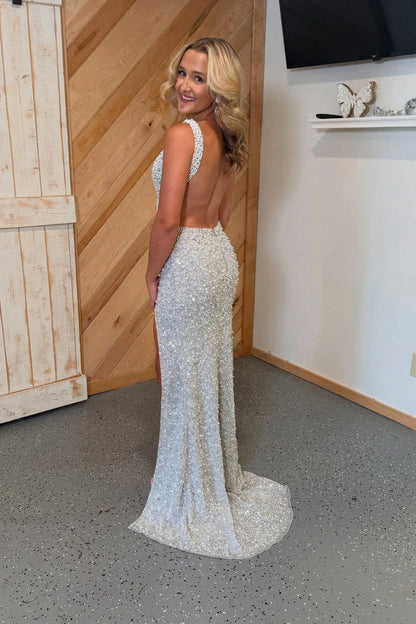 V Neck Silver Sequins Long Mermaid Prom Dresses with Beading