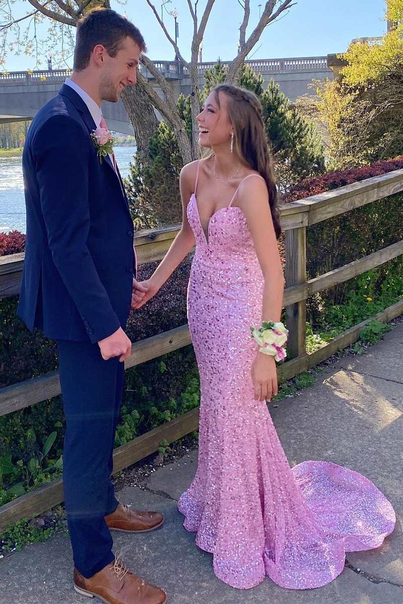 Long Pink Sequin Plunge V Mermaid Prom Dresses,BD98016