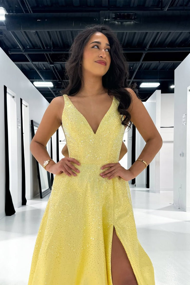 A Line V Neck Yellow Satin Prom Dresses