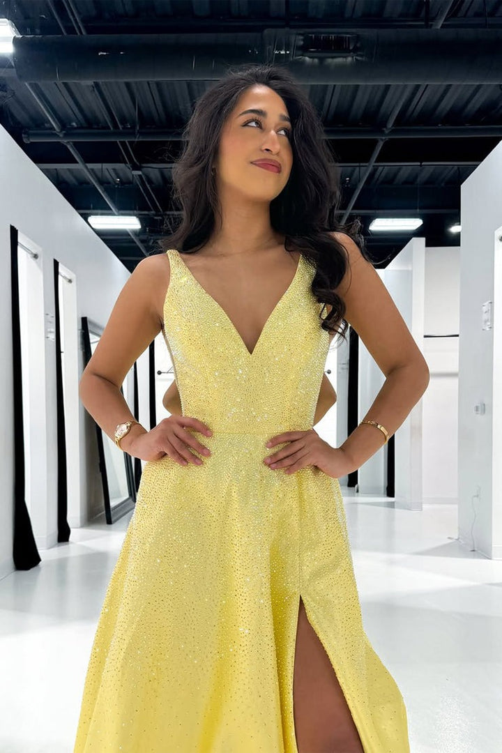 A Line V Neck Yellow Satin Prom Dresses