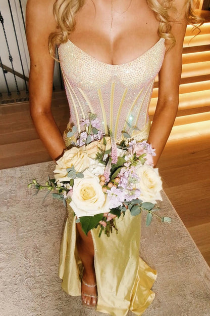 Charming Mermaid Scoop Neck Yellow Hot-Fix Satin Prom Dresses
