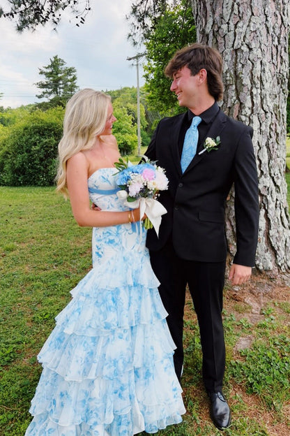 Chiffon Mermaid Strapless White Blue Floral Prom Dresses with Slit
