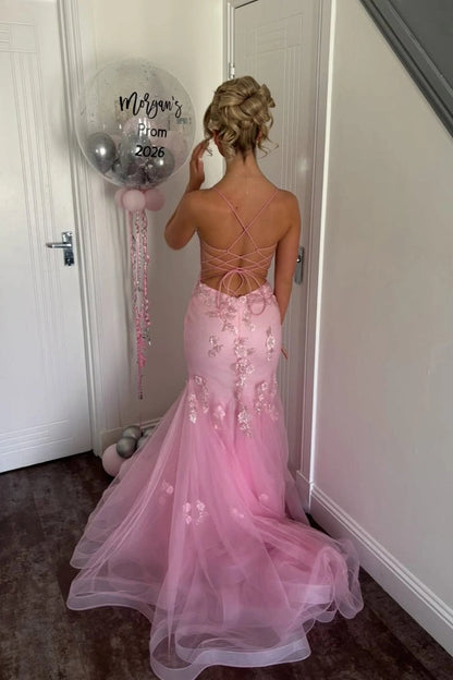 Scoop Neck Pink Tulle Mermaid Long Prom Dresses