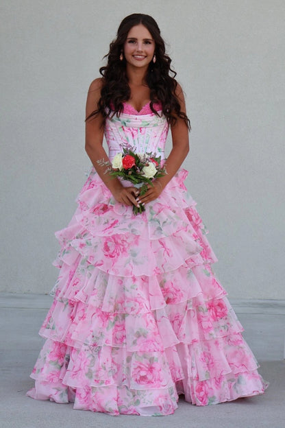 Chiffon A Line Sweetheart Pink Floral Prom Dresses