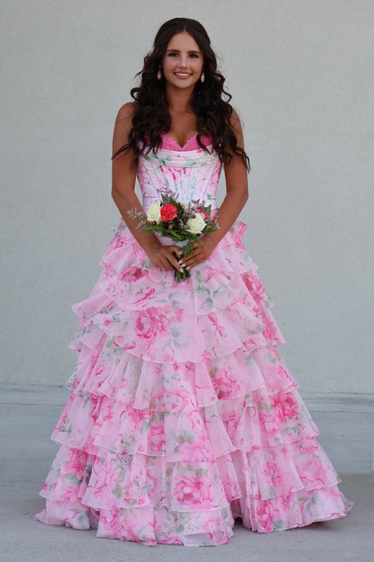 Chiffon A Line Sweetheart Pink Floral Prom Dresses