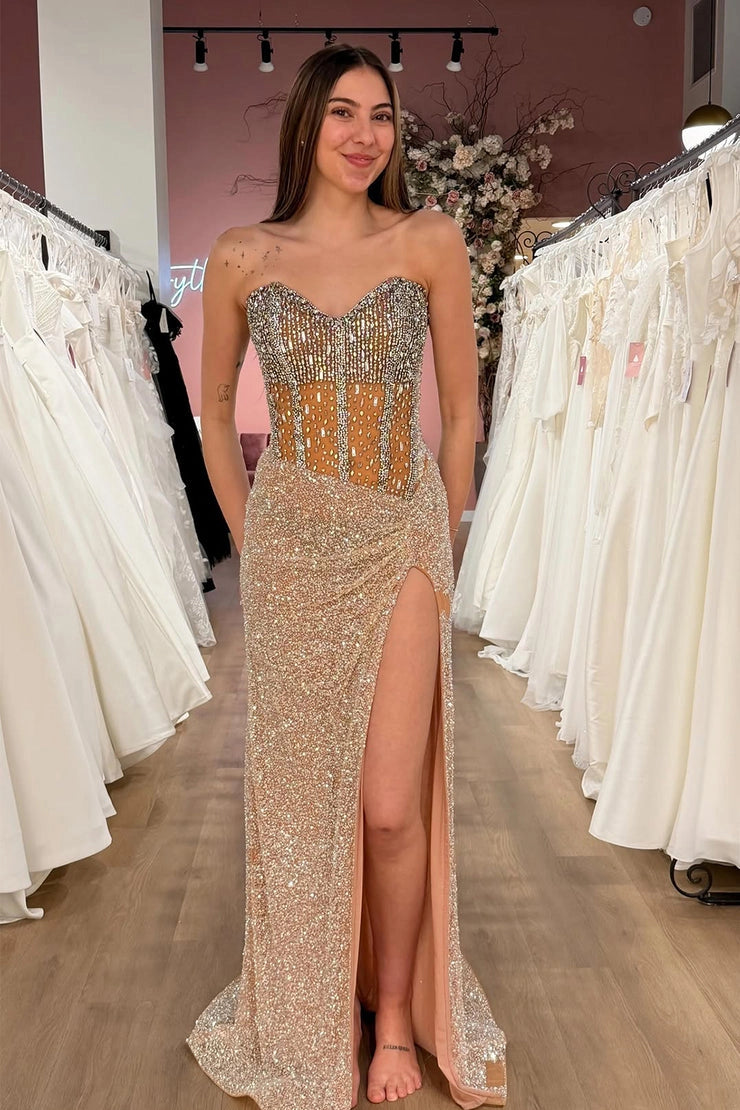 Mermaid Sweetheart Gold Sequins Prom Dresses with Beading