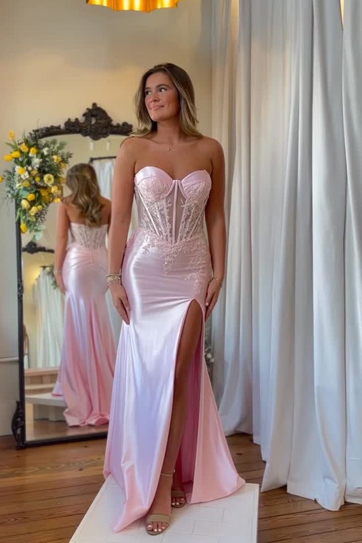 Mermaid Sweetheart Light Pink Satin Long Prom Dresses