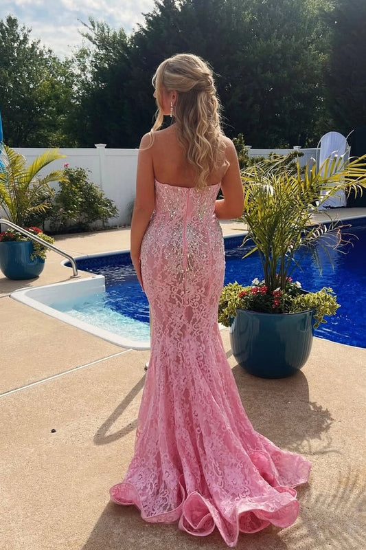 Sweetheart Pink Mermaid Lace Prom Dresses with Hot Beading
