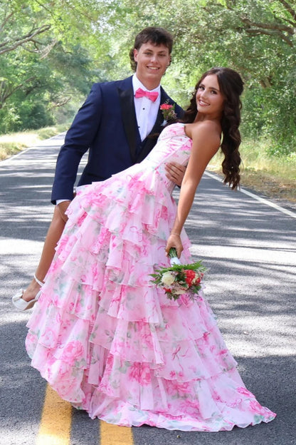 Chiffon A Line Sweetheart Pink Floral Prom Dresses