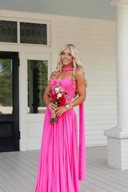 Hot Pink A Line Sweetheart Pleat Chiffon Prom Dresses