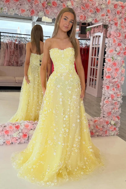 Yellow Cute A Line Sweetheart Daffodil Tulle Prom Dresses
