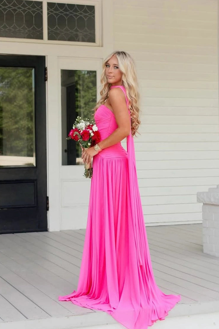 Hot Pink A Line Sweetheart Pleat Chiffon Prom Dresses