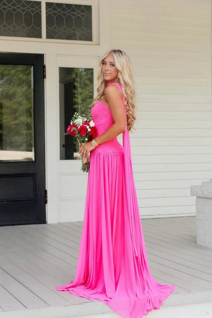 Hot Pink A Line Sweetheart Pleat Chiffon Prom Dresses