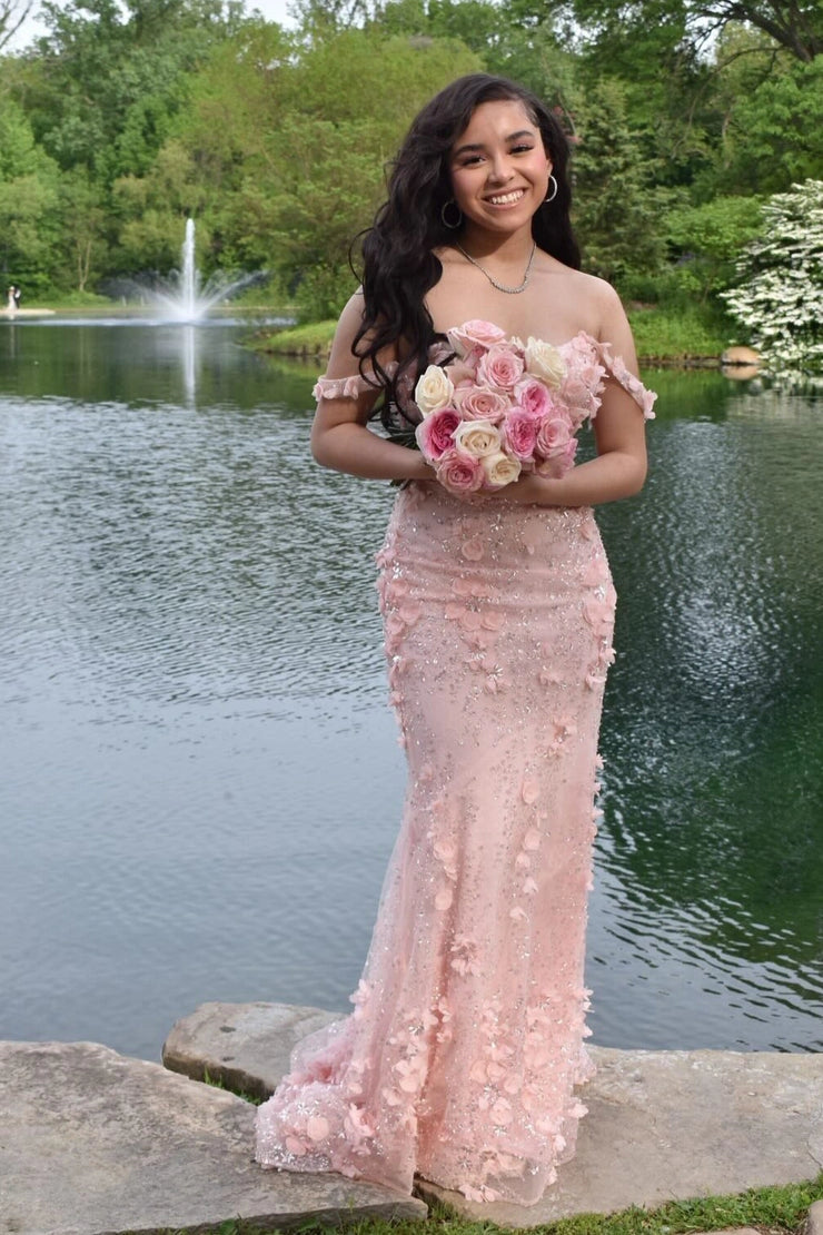 Off the Shoulder Blush Pink Lace Long Mermaid Prom Dresses