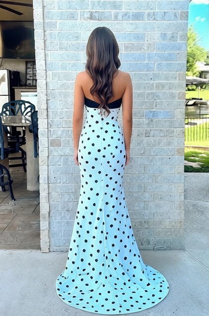 Cute Strapless Mermaid White Black Dot Satin Prom Dresses