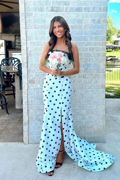 Cute Strapless Mermaid White Black Dot Satin Prom Dresses