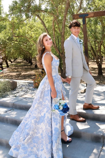 A Line Square Neck Jacquard Satin Long light blue Prom Dresses