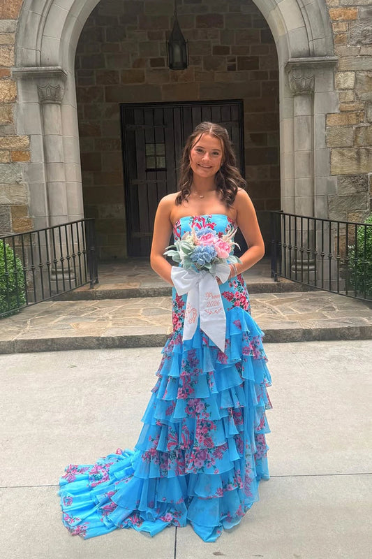 Mermaid Strapless Blue Floral Chiffon Tiered Prom Dresses