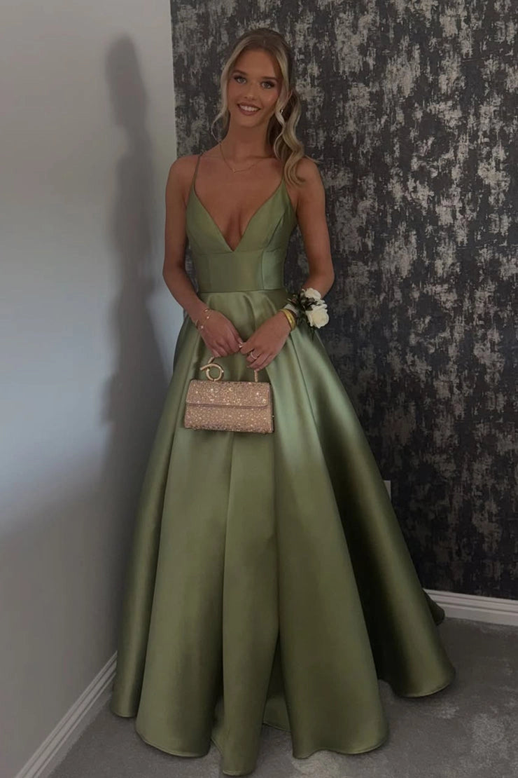 A Line Staps Green Satin V Neck Prom Dresses with Pockets