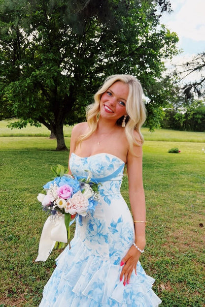Chiffon Mermaid Strapless White Blue Floral Prom Dresses with Slit
