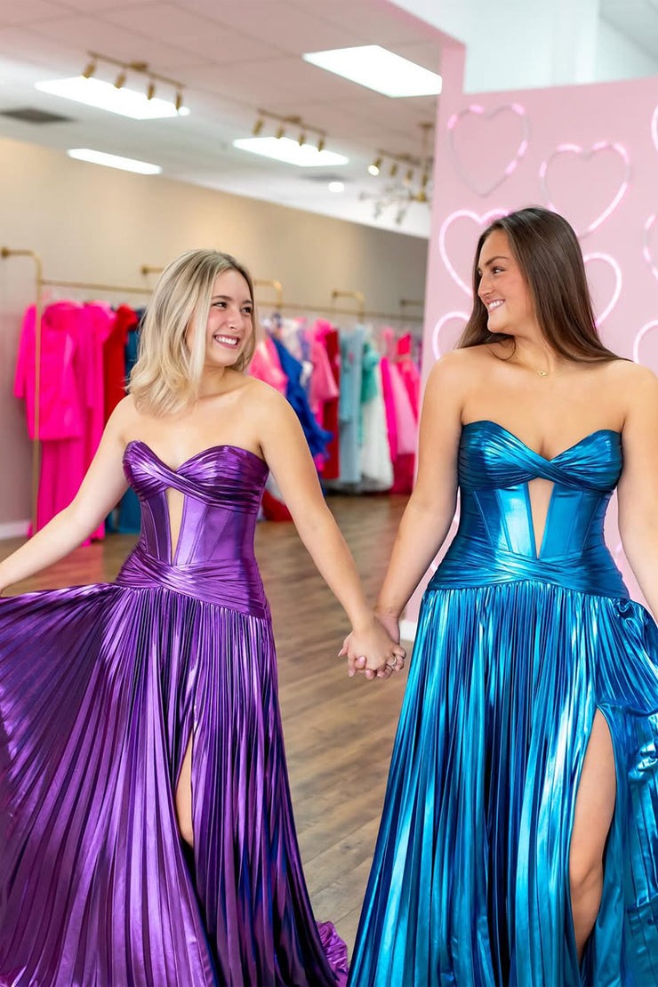 A Line Sweetheart Keyhole Metallic Satin Prom Dresses