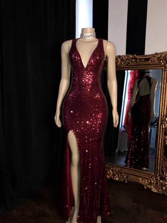 Long Mermaid Burgundy Sequin Prom Dresses Glitter Split Evening Gown