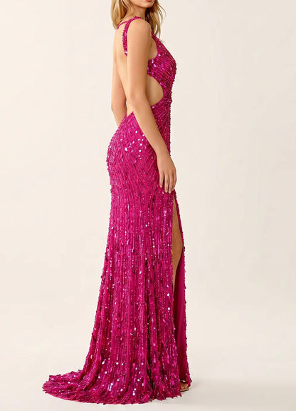 Solid Black Sparkly V-neck High Slit Mermaid Long Dresses