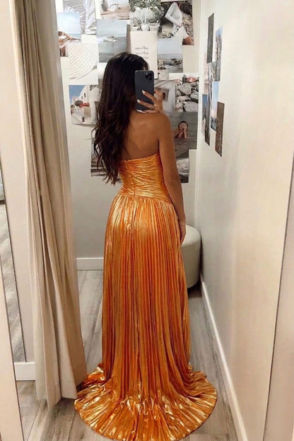 Sparkly A Line Orange Metallic Satin Slit Sweetheart Prom Dresses