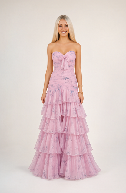Sweet Mermaid Strapless Light Pink Floral Chiffon Prom Dresses