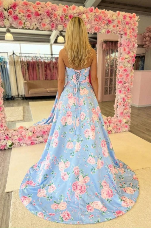 A Line Strapless Long Floral Satin Prom Dresses