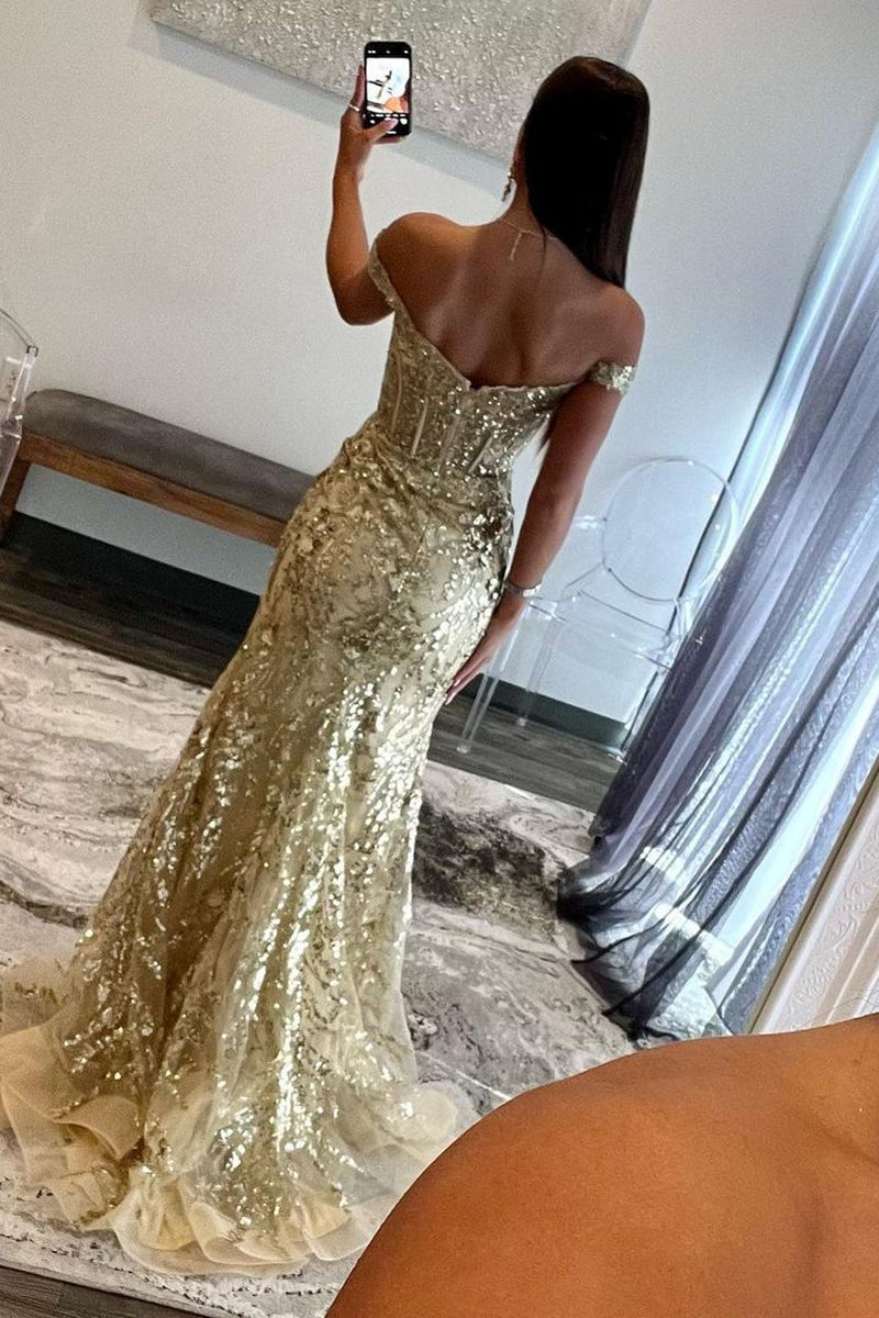 Mermaid Gold Sequin Lace Off The Shoulder Prom Dresses,PD2415000