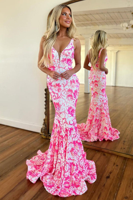 Pretty Pink Mermaid V Neck Sequin Lace Prom Dresses,PD2413000