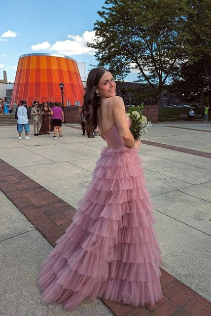 Cute A Line Long Sweetheart Pink Tiered Tulle Prom Dresses,PD2423000