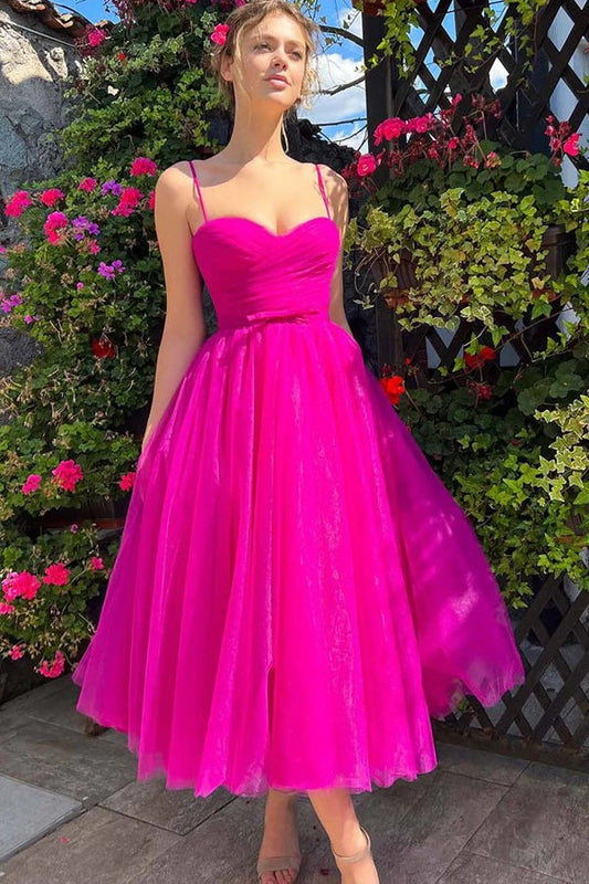 Hot Pink Sweetheart Tea Length Prom Dresses ,Simple Prom Dresses,PD2424000