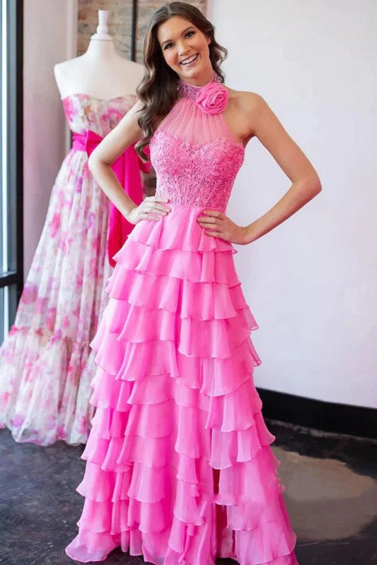 A Line  Long Pink Halter Neck Beaded Lace Prom Dresses,PD2429000