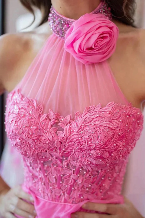 A Line  Long Pink Halter Neck Beaded Lace Prom Dresses,PD2429000