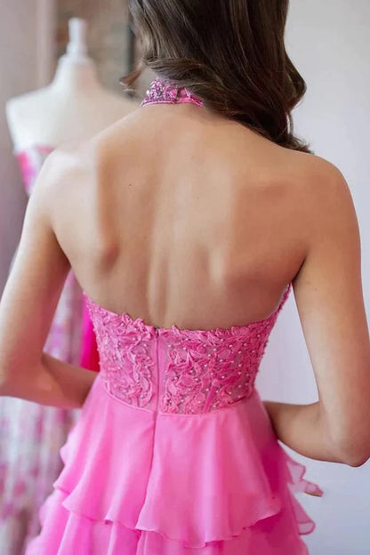 A Line  Long Pink Halter Neck Beaded Lace Prom Dresses,PD2429000