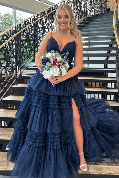 Long Cute A Line Navy Blue Tiered Tulle Prom Dresses,PD2402000