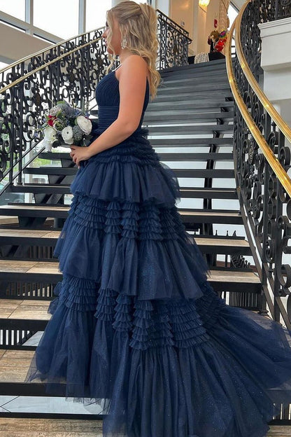 Long Cute A Line Navy Blue Tiered Tulle Prom Dresses,PD2402000