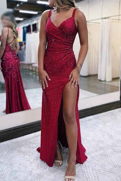 Sparkly Dark Red Sequins Long V Neck Prom Dresses,PD2414000