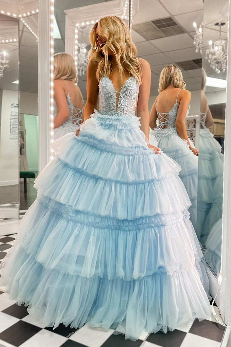 Princess Ball Gown Ruffle Tiered Tulle Sky Blue V Neck Long Prom Dresses,PD2412000