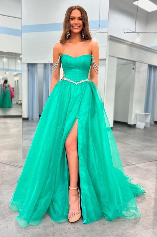 Cute Ball Gown Strapless Mint Green Tulle Beaded Long Prom Dresses,PD2421000