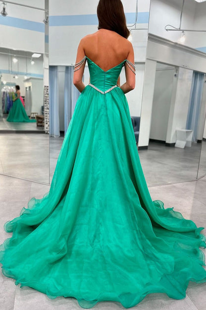 Cute Ball Gown Strapless Mint Green Tulle Beaded Long Prom Dresses,PD2421000