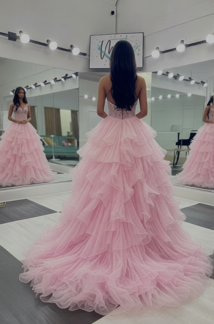 Ball Gown Light Pink Tulle V Neck Prom Dresses with Beading