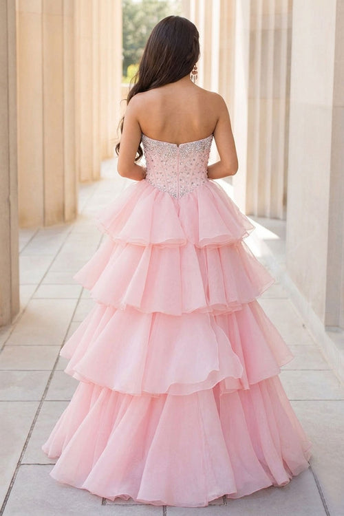 Ball Gown Scoop Neck Tiered Organza Pink Prom Dresses