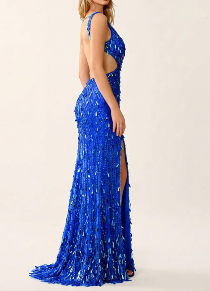 Solid Black Sparkly V-neck High Slit Mermaid Long Dresses